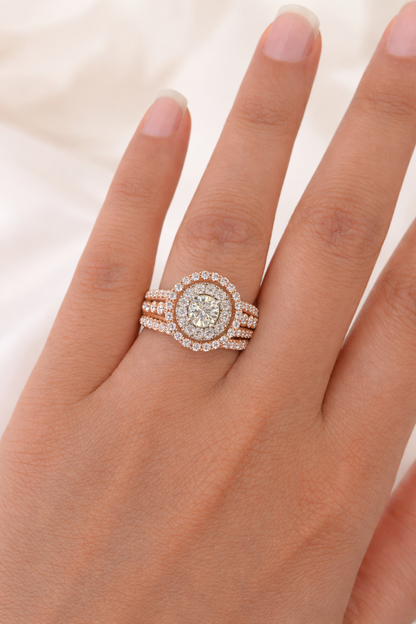 REAL 14k Rose Gold Diamond Ladies Ring Round Shape Women Engagement Wedding SET