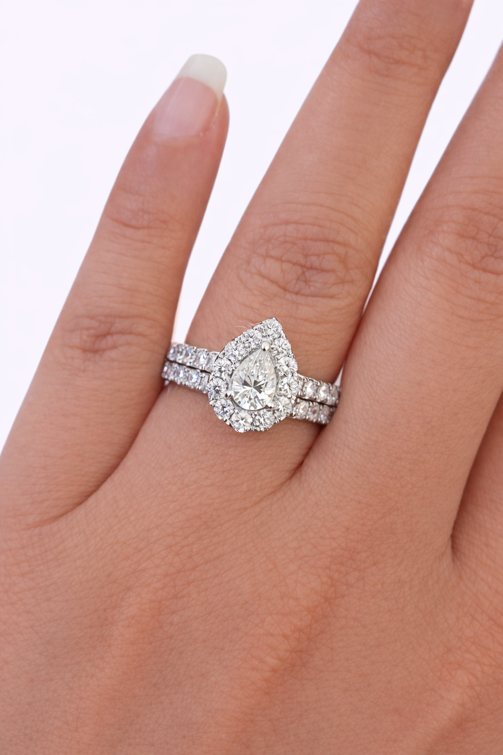 REAL 14k White Gold Diamond Ring Pear Shaped Ladies Wedding Engagement Bridal SET