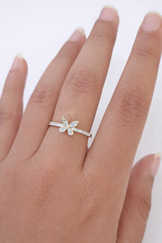 Real 10K Yellow Gold Butterfly Diamond Ring for Women – Genuine Fine Jewelry