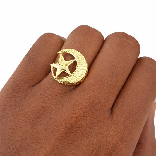 Real 10K Yellow Gold Crescent Moon Star Ring for Men – Solid Gold Islamic Band