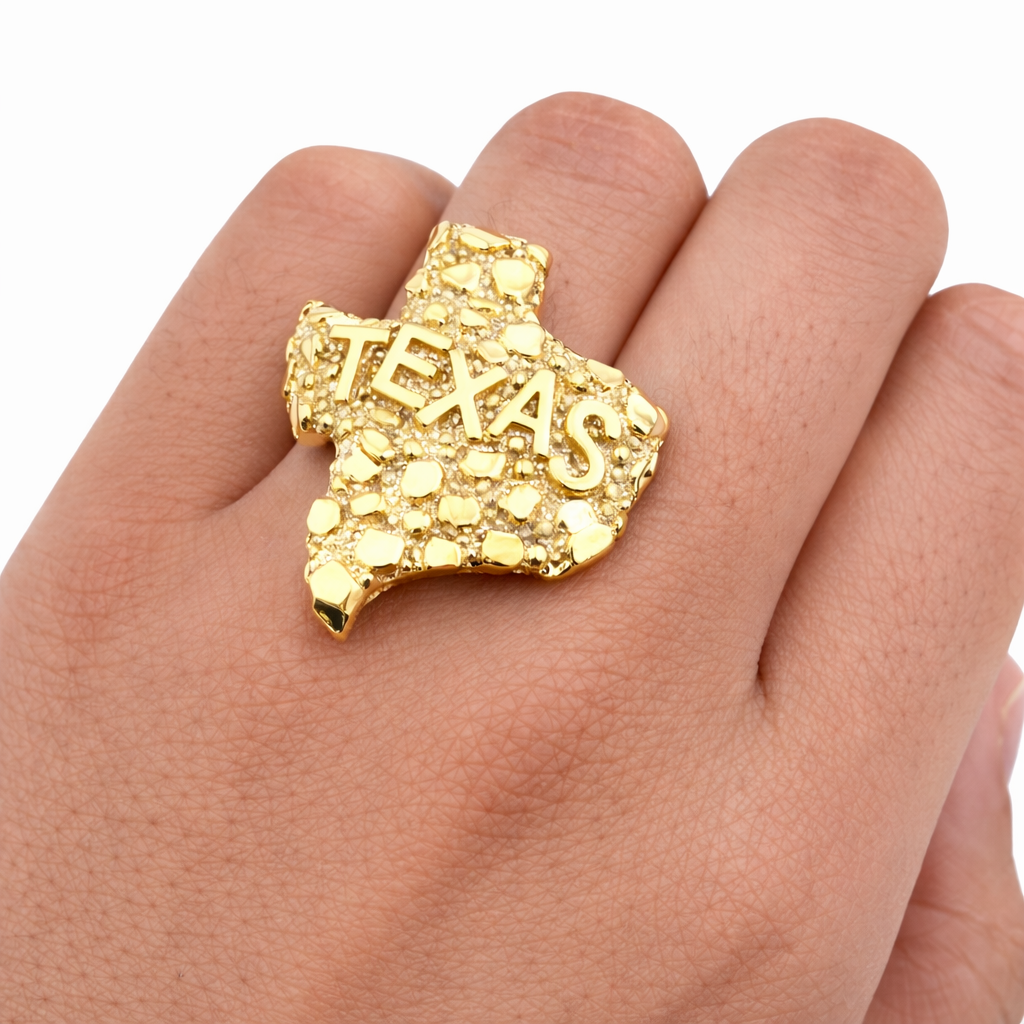 Real  10K Yellow Gold Texas State Map Nugget Ring – Men’s Casual Band – All Sizes