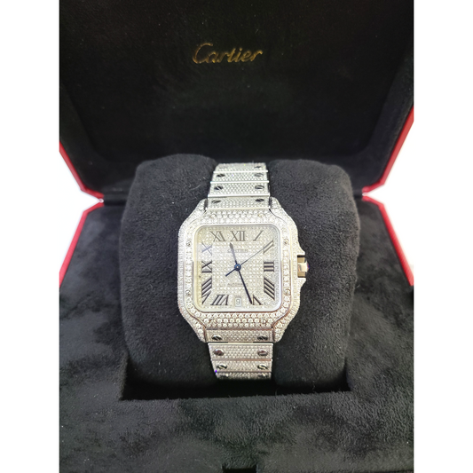 40mm Cartier Santos Men's S.Steel Watch Roman Iced Out 12 CT Diamonds (pre-owned)