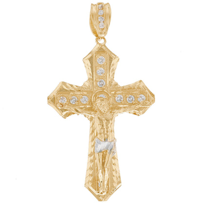 10k Two Tone Gold Cruficix White CZ Mens Religious Cross Crucifix Pendant (P12851)