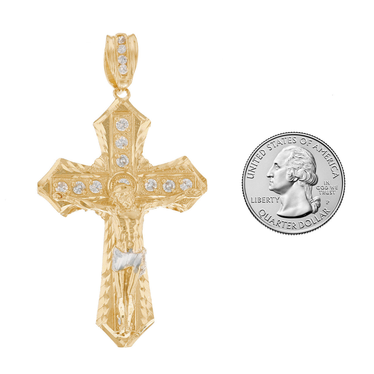 10k Two Tone Gold Cruficix White CZ Mens Religious Cross Crucifix Pendant (P12851)