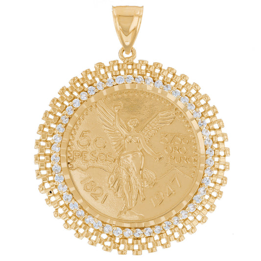 10k Yellow Gold Mexican Coin White CZ Mens Pendant 10k (P12847)