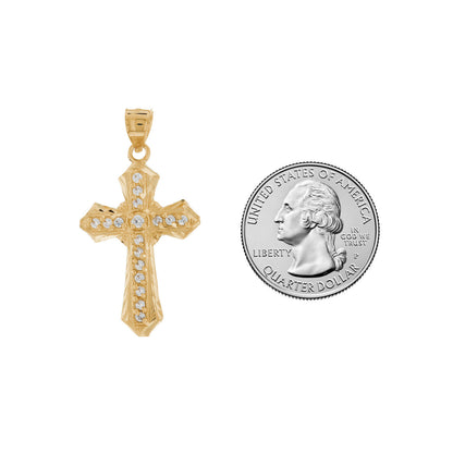 10k Yellow Gold Cross White CZ Unisex Religious Pendant (P13084)