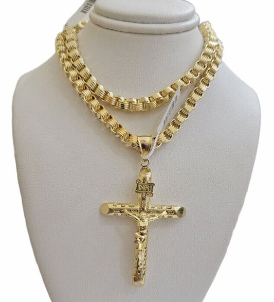 Byzantine chain and Cross charm pendant 10k Yellow Gold set 5mm Necklace 20" - 28" - Reva Jeweler