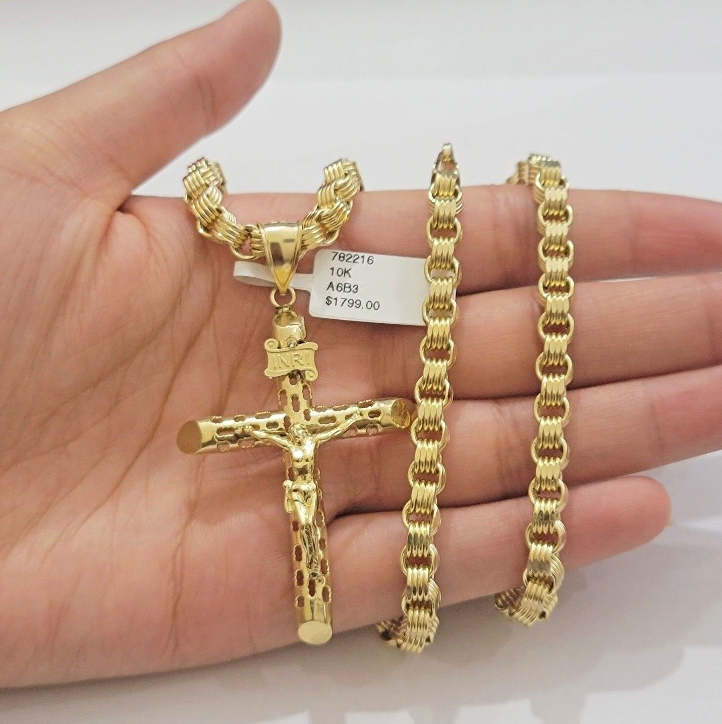 Byzantine chain and Cross charm pendant 10k Yellow Gold set 5mm Necklace 20" - 28" - Reva Jeweler