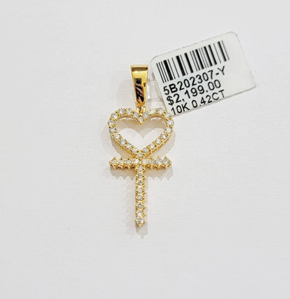 Diamond charm pendant Real 10k gold Natural Diamonds Heart Ankh Cross For Women - Reva Jeweler