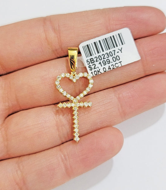 Diamond charm pendant Real 10k gold Natural Diamonds Heart Ankh Cross For Women - Reva Jeweler