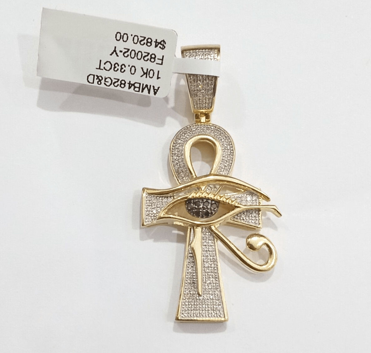 Evil Eye Charm Pendant Real 10K Yellow Gold Genuine Natural Diamond Ankh Cross - Reva Jeweler