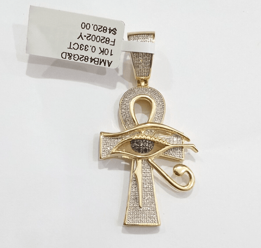 Evil Eye Charm Pendant Real 10K Yellow Gold Genuine Natural Diamond Ankh Cross - Reva Jeweler