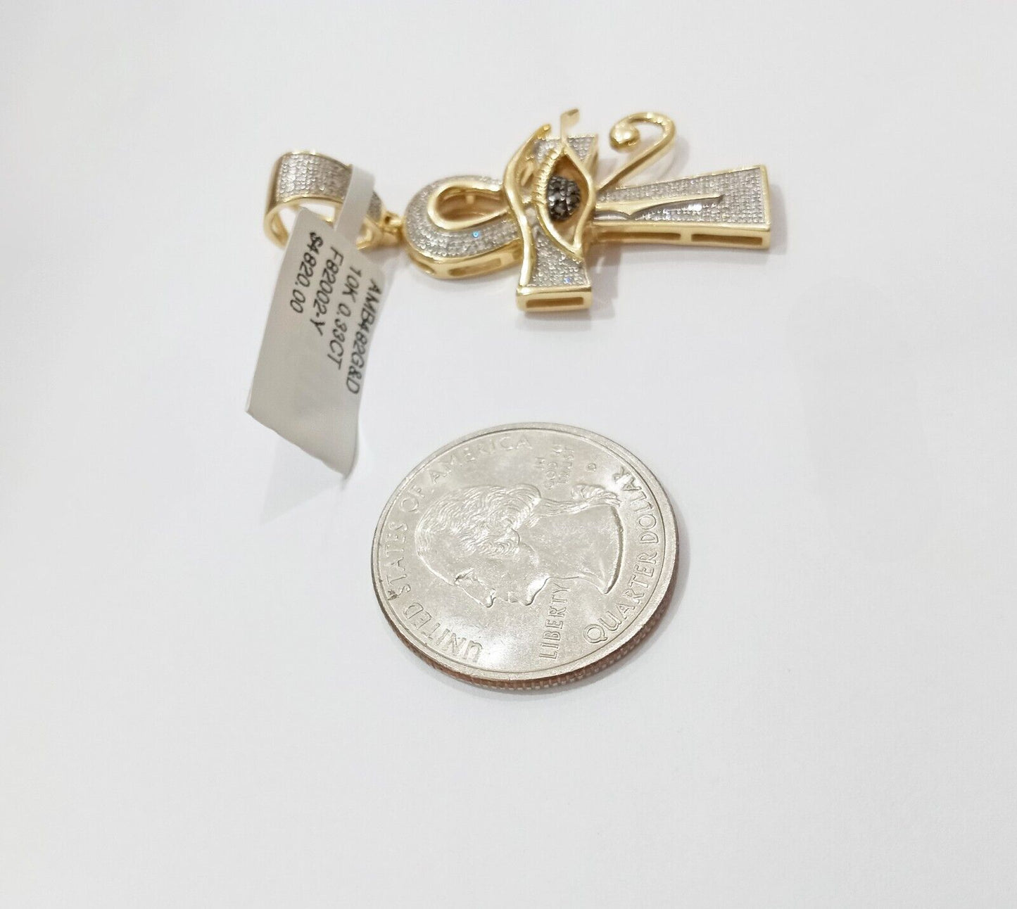 Evil Eye Charm Pendant Real 10K Yellow Gold Genuine Natural Diamond Ankh Cross - Reva Jeweler