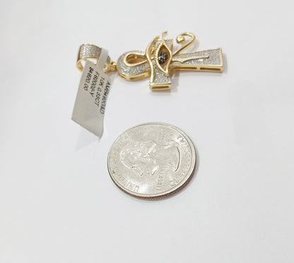 Evil Eye Charm Pendant Real 10K Yellow Gold Genuine Natural Diamond Ankh Cross - Reva Jeweler