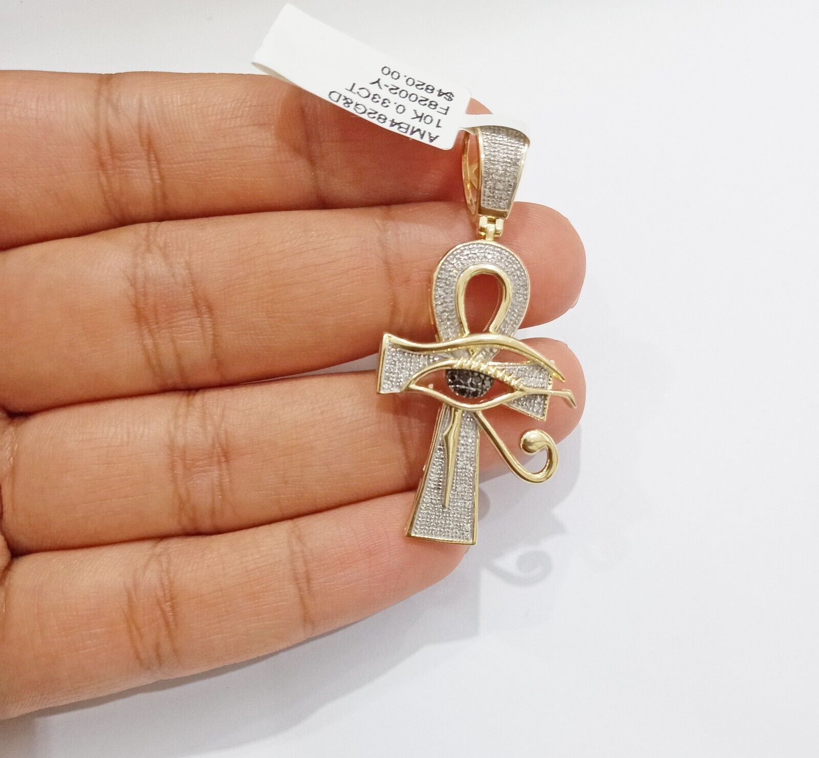 Evil Eye Charm Pendant Real 10K Yellow Gold Genuine Natural Diamond Ankh Cross - Reva Jeweler