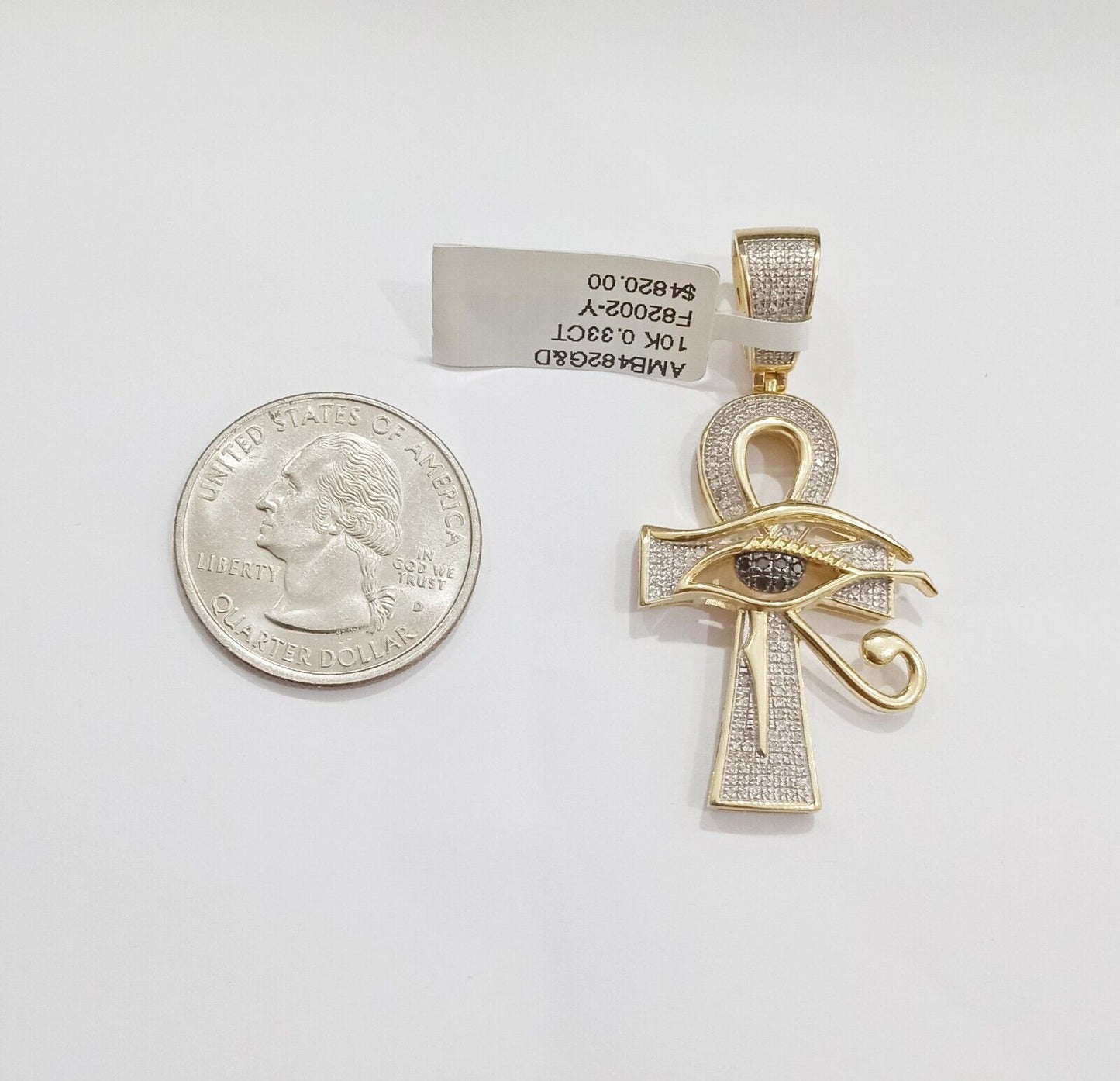 Evil Eye Charm Pendant Real 10K Yellow Gold Genuine Natural Diamond Ankh Cross - Reva Jeweler