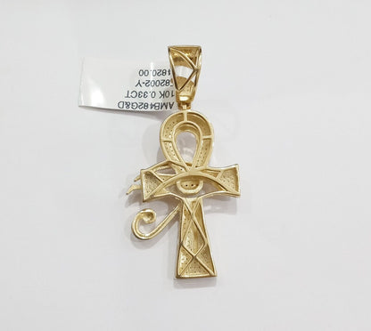 Evil Eye Charm Pendant Real 10K Yellow Gold Genuine Natural Diamond Ankh Cross - Reva Jeweler