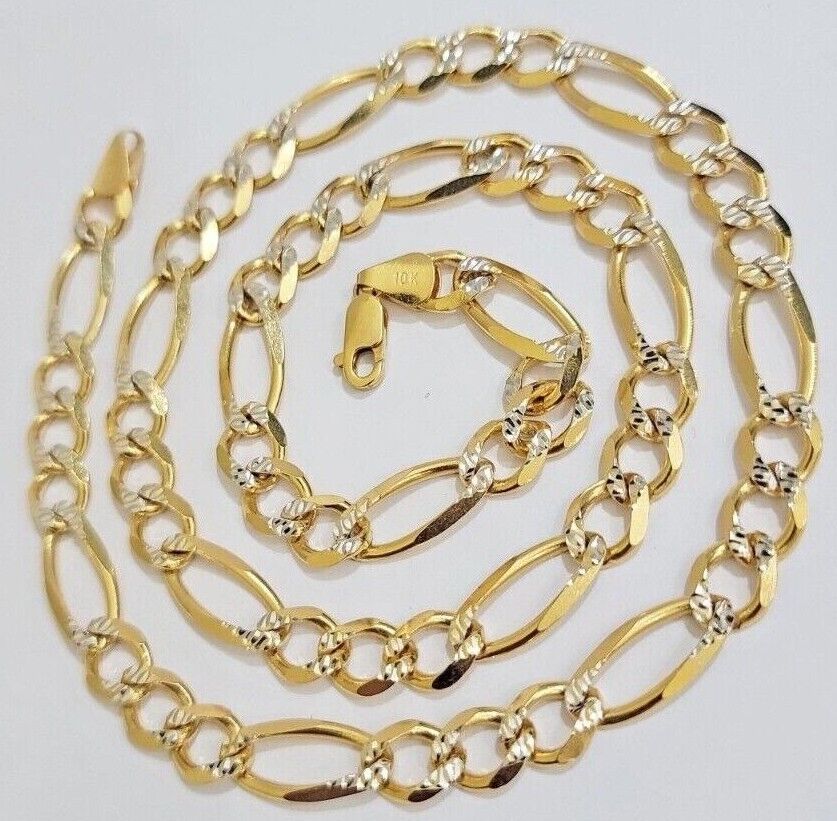 Figaro Link Chain Real 10k Yellow Gold 8mm Necklace 18 - 30 Inch Solid Two Tone - Reva Jeweler