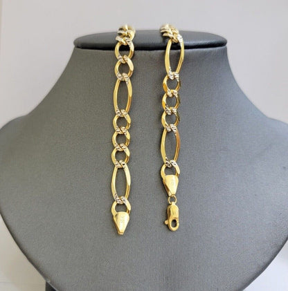 Figaro Link Chain Real 10k Yellow Gold 8mm Necklace 18 - 30 Inch Solid Two Tone - Reva Jeweler