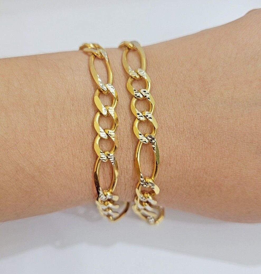 Figaro Link Chain Real 10k Yellow Gold 8mm Necklace 18 - 30 Inch Solid Two Tone - Reva Jeweler