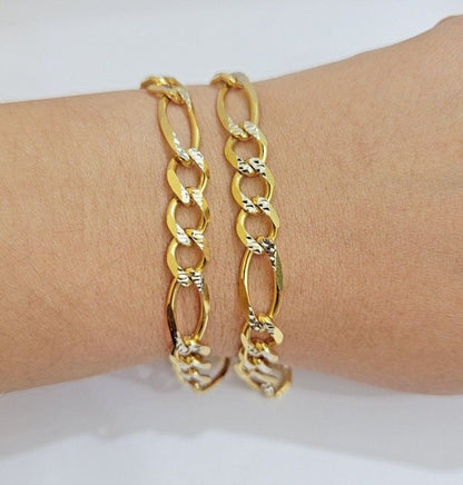 Figaro Link Chain Real 10k Yellow Gold 8mm Necklace 18 - 30 Inch Solid Two Tone - Reva Jeweler
