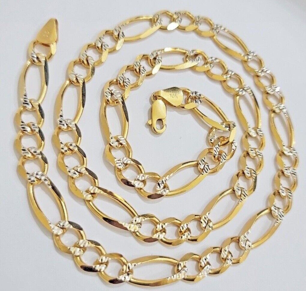 Figaro Link Chain Real 10k Yellow Gold 8mm Necklace 18 - 30 Inch Solid Two Tone - Reva Jeweler