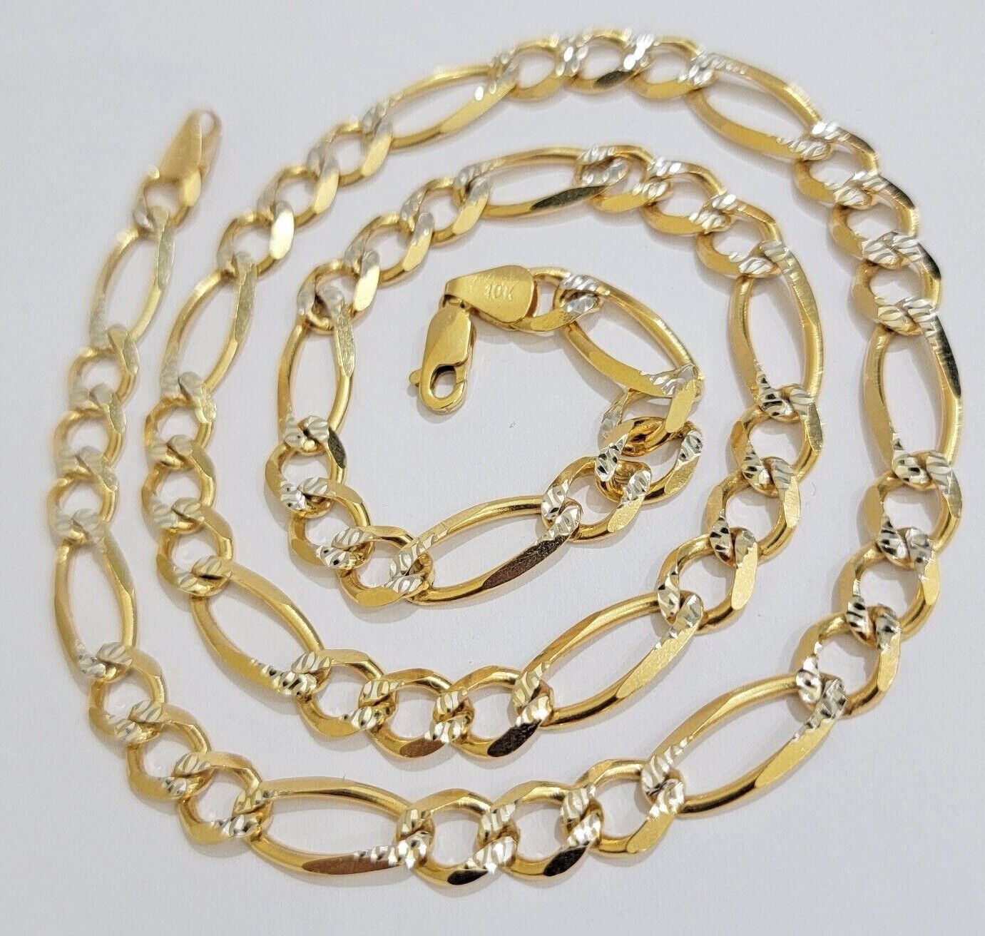 Figaro Link Chain Real 10k Yellow Gold 8mm Necklace 18 - 30 Inch Solid Two Tone - Reva Jeweler