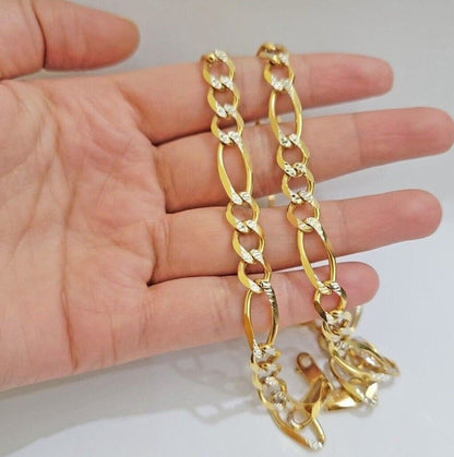 Figaro Link Chain Real 10k Yellow Gold 8mm Necklace 18 - 30 Inch Solid Two Tone - Reva Jeweler