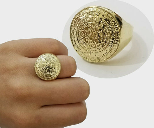 GOLD Mens Ring Aztec Mayan Solid 10k Yellow Gold Sun Calendar 10 KT REAL Gold - Reva Jeweler