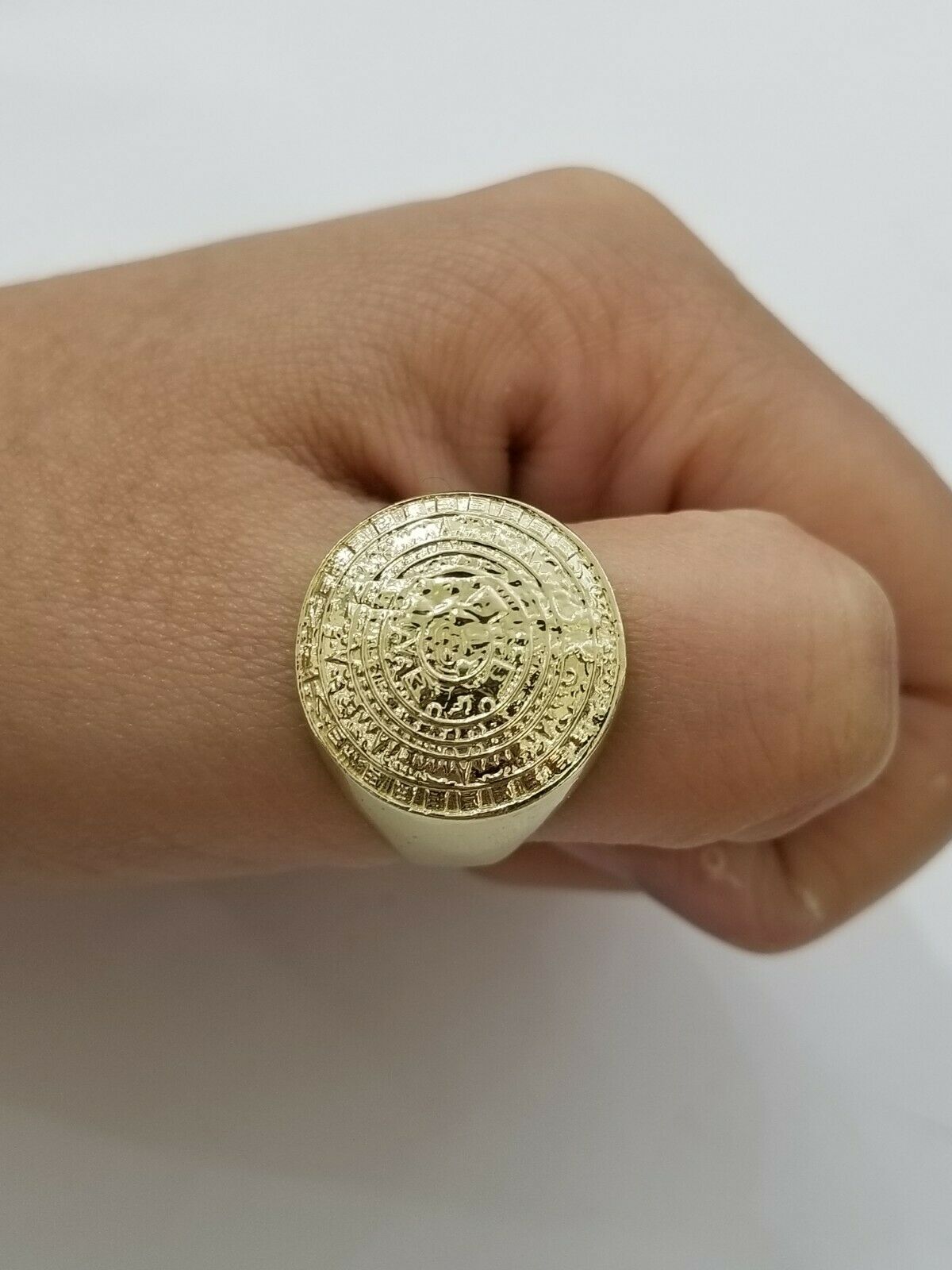 GOLD Mens Ring Aztec Mayan Solid 10k Yellow Gold Sun Calendar 10 KT REAL Gold - Reva Jeweler