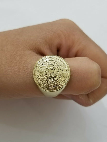 GOLD Mens Ring Aztec Mayan Solid 10k Yellow Gold Sun Calendar 10 KT REAL Gold - Reva Jeweler