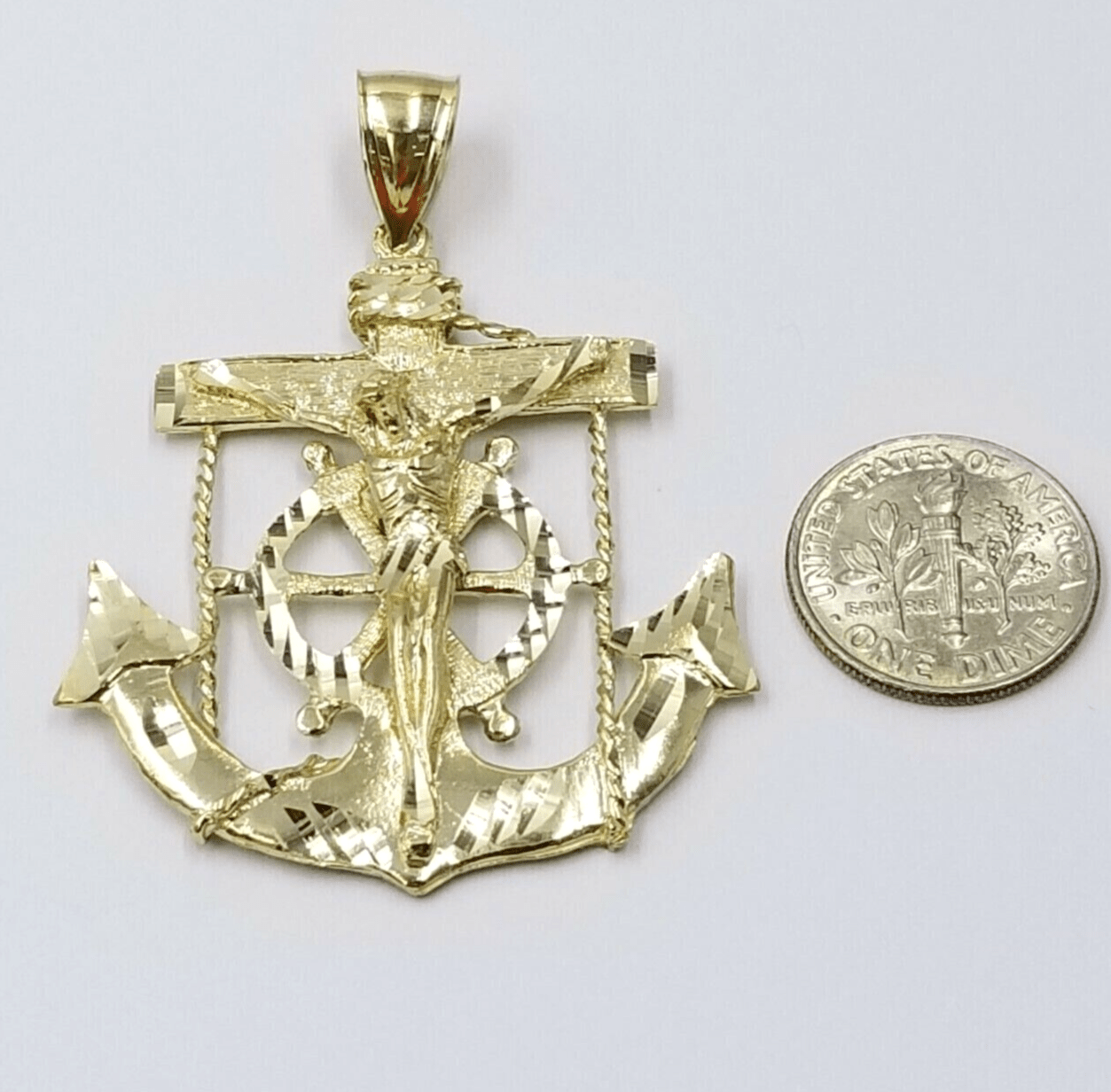 Jesus Anchor Charm Pendant Men's Real 10k Yellow Gold Solid 10kt For Chain - Reva Jeweler