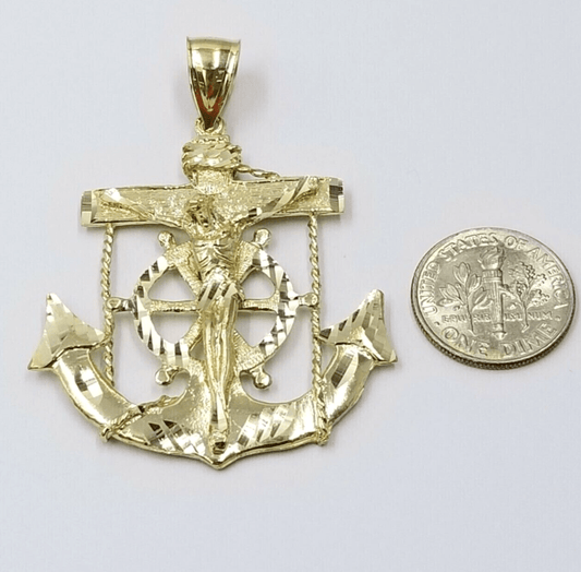 Jesus Anchor Charm Pendant Men's Real 10k Yellow Gold Solid 10kt For Chain - Reva Jeweler