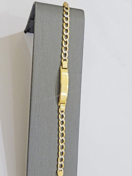 Kids REAL 10k Gold Bracelet ID Cuban curb Link Two - tone style 5mm 6 Inch baby Br - Reva Jeweler