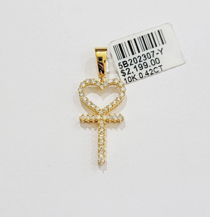 Ladies charm pendant Real 10k gold Natural Diamonds Heart Ankh Cross For Women - Reva Jeweler