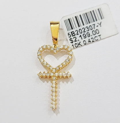 Ladies charm pendant Real 10k gold Natural Diamonds Heart Ankh Cross For Women - Reva Jeweler