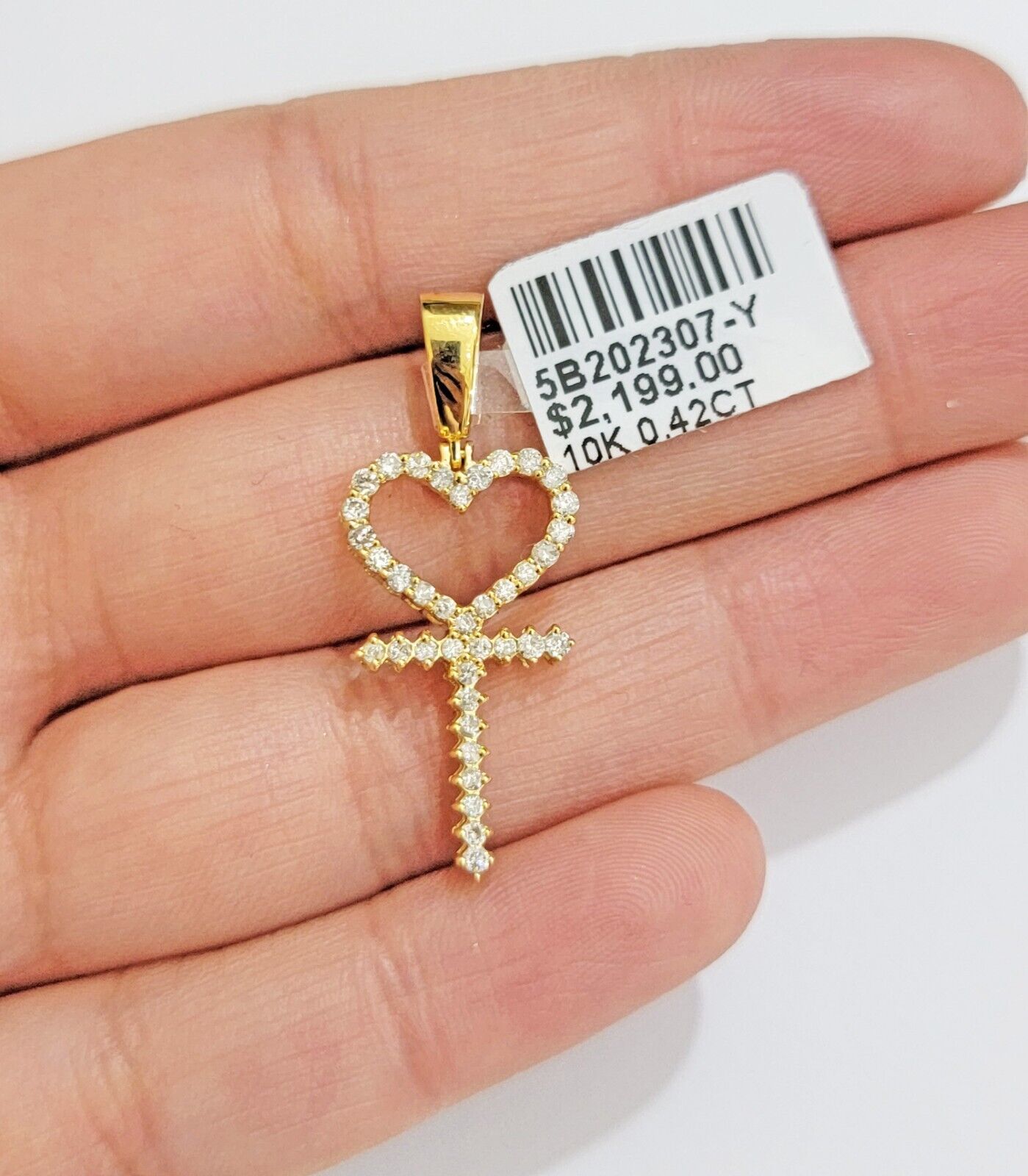 Ladies charm pendant Real 10k gold Natural Diamonds Heart Ankh Cross For Women - Reva Jeweler