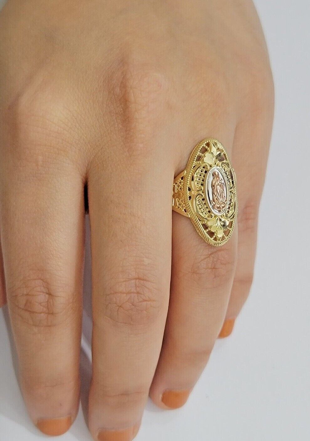 Ladies Ring 10k Yellow Gold Virgin Mary Cross 10KT REAL Gold Unique Size 7 SALE - Reva Jeweler