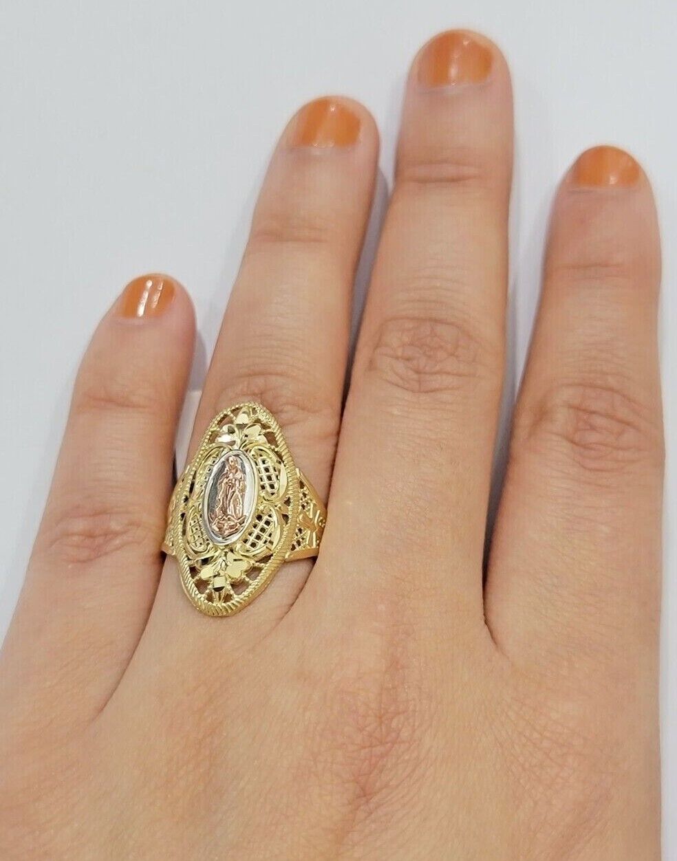 Ladies Ring 10k Yellow Gold Virgin Mary Cross 10KT REAL Gold Unique Size 7 SALE - Reva Jeweler