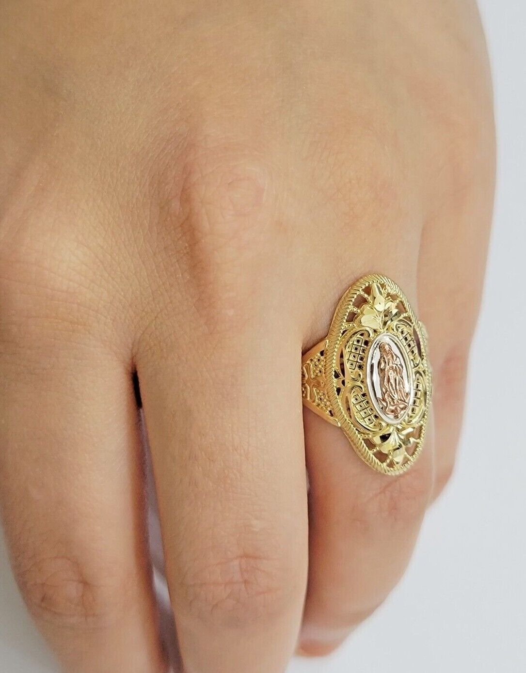 Ladies Ring 10k Yellow Gold Virgin Mary Cross 10KT REAL Gold Unique Size 7 SALE - Reva Jeweler
