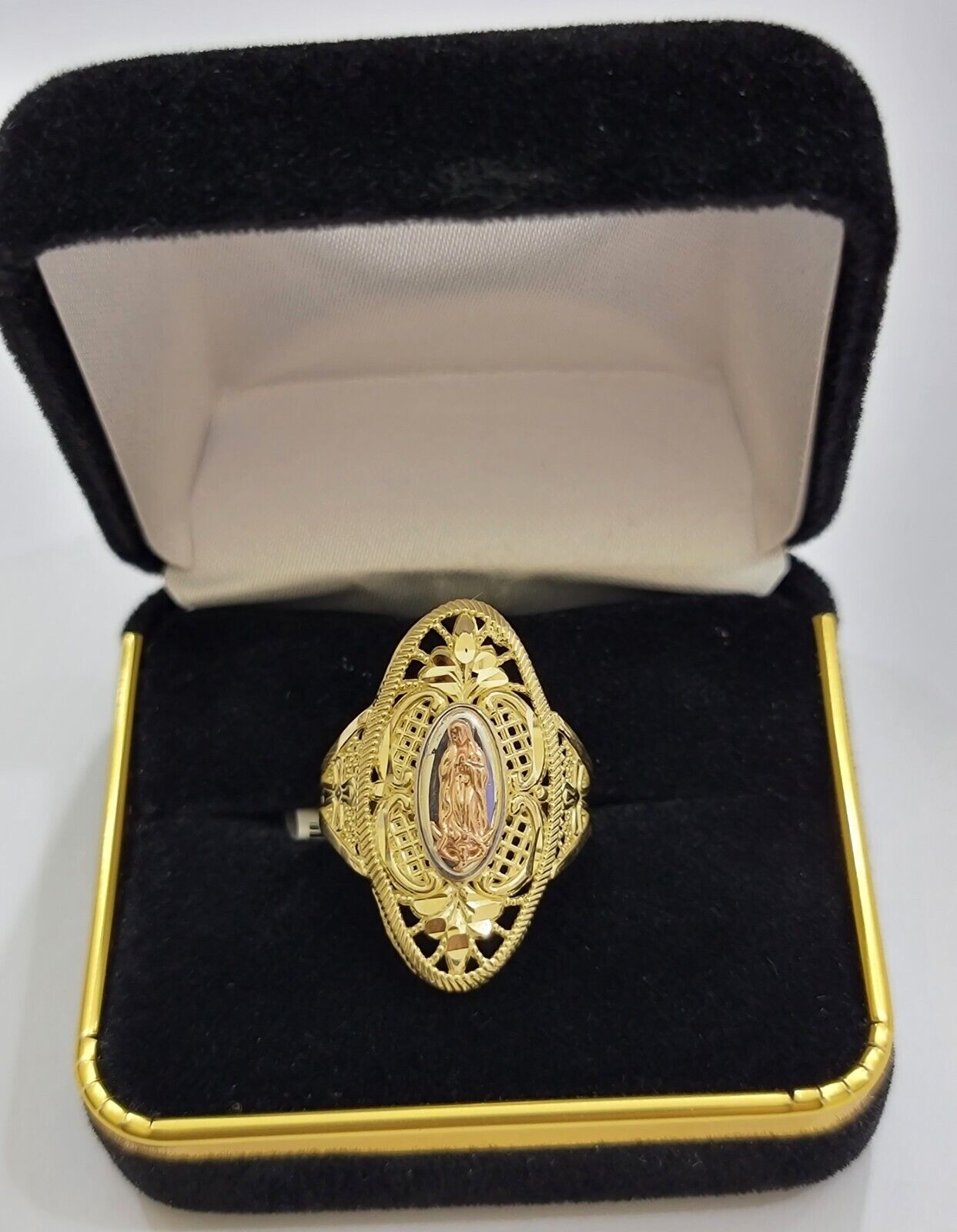 Ladies Ring 10k Yellow Gold Virgin Mary Cross 10KT REAL Gold Unique Size 7 SALE - Reva Jeweler