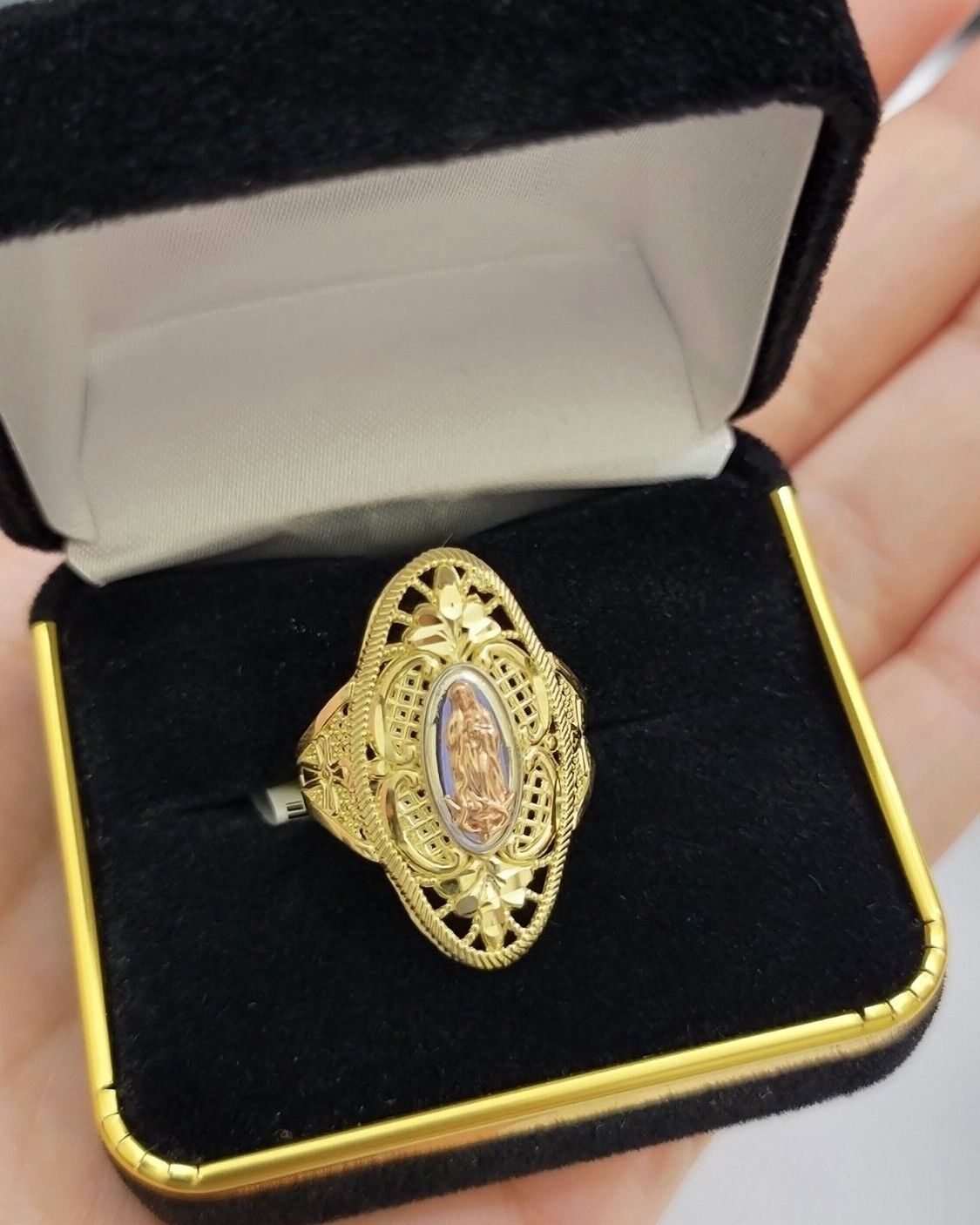 Ladies Ring 10k Yellow Gold Virgin Mary Cross 10KT REAL Gold Unique Size 7 SALE - Reva Jeweler