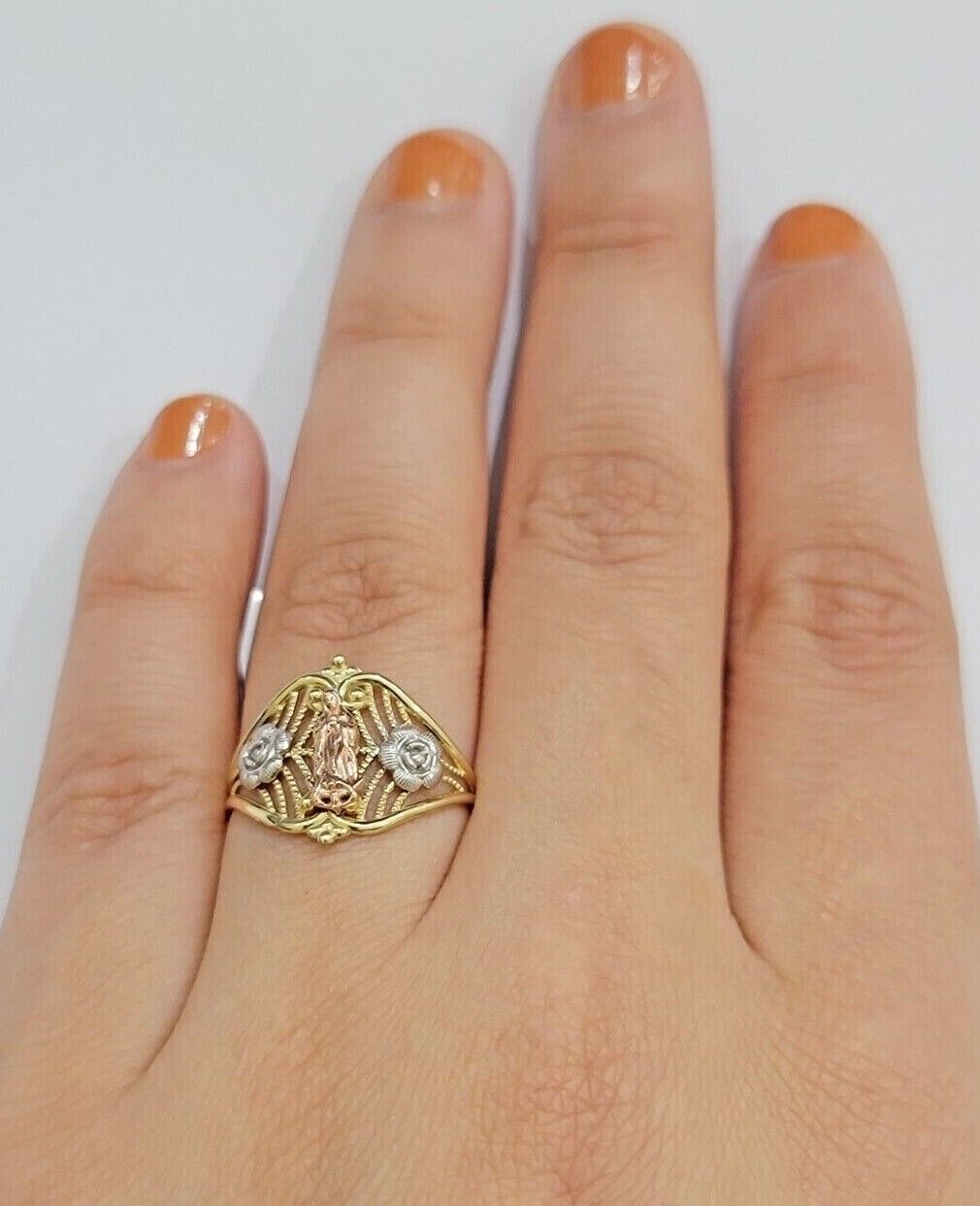 Ladies Ring 10k Yellow Gold Virgin Mary Cross 10KT REAL Gold Unique Size 7 SALE - Reva Jeweler
