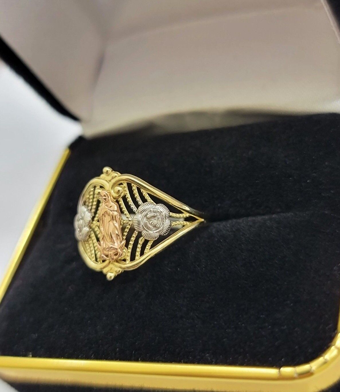 Ladies Ring 10k Yellow Gold Virgin Mary Cross 10KT REAL Gold Unique Size 7 SALE - Reva Jeweler