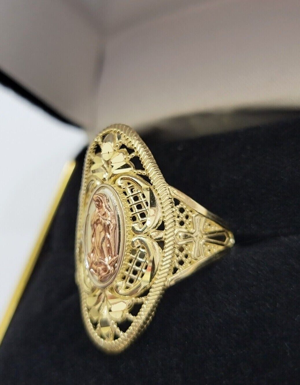 Ladies Ring 10k Yellow Gold Virgin Mary Cross 10KT REAL Gold Unique Size 7 SALE - Reva Jeweler