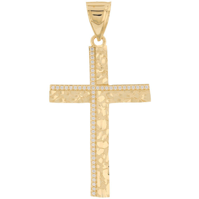 10k Yellow Gold Large White CZ Mens Diamond Cut Nugget Cross Pendant (SKU# P13855)
