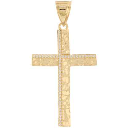 10k Yellow Gold Large White CZ Mens Diamond Cut Nugget Cross Pendant (SKU# P13855)