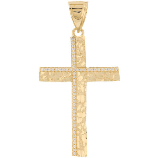 10k Yellow Gold Large White CZ Mens Diamond Cut Nugget Cross Pendant (SKU# P13855)
