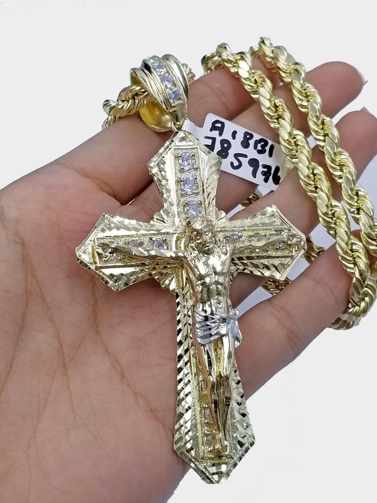 Men 10k Real Yellow Gold Rope Chain 26" Crucifix Cross Charm Diamond cut Set - Reva Jeweler