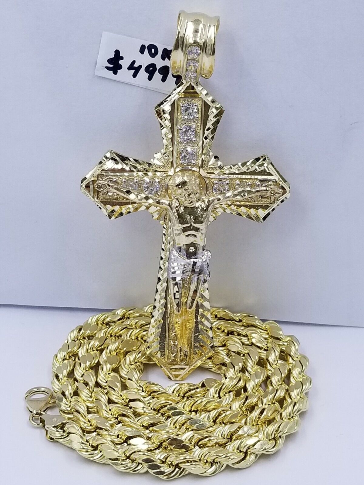 Men 10k Real Yellow Gold Rope Chain 26" Crucifix Cross Charm Diamond cut Set - Reva Jeweler